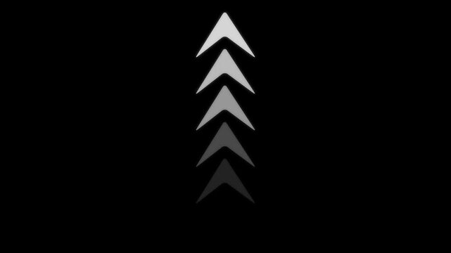 A vertical column of five white chevron arrows pointing upwards arranged in a sequence with decreasing brightness against a solid black background