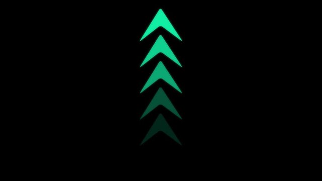 A vertical column of five cyan chevron arrows pointing upwards arranged in a sequence with decreasing brightness against a solid black background