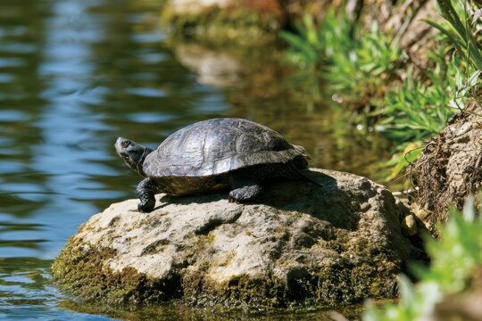 Close-up of a western pond turtle perched on a rock in a tranquil freshwater setting
