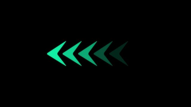 A horizontal row of five cyan chevron arrows pointing leftwards arranged in a sequence with decreasing brightness against a solid black background