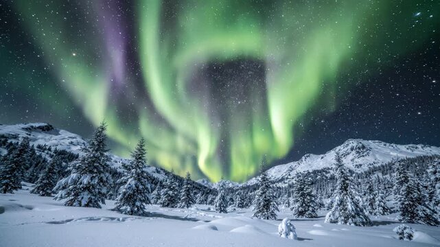 Time-lapse of vibrant green Northern Lights dancing over snowy mountains and pine forest under starry night sky