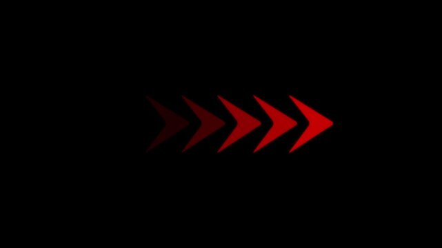A horizontal row of five red arrows pointing to the right side of the frame isolated on a solid black background for digital interface navigation