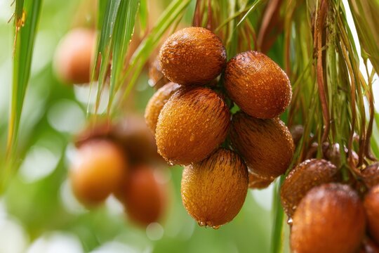 Close-up of buriti fruit in a South American tropical rainforest with warm golden light and textured orange skins