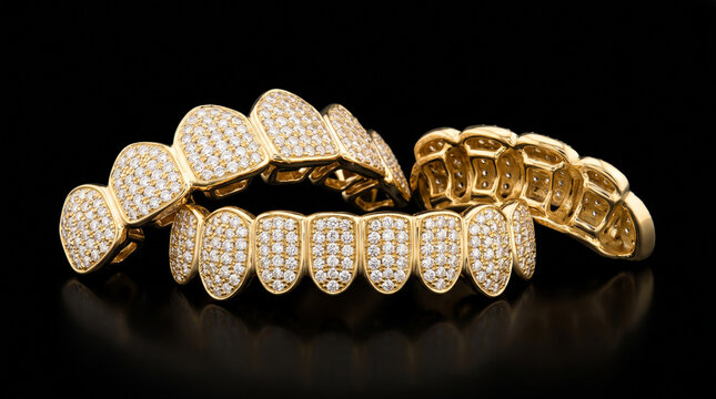 Luxurious gold dental grillz set embellished with sparkling round cut diamonds against black background with arranged elegantly against dark reflective surface grillz encrusted