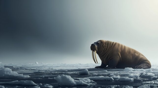 Realistic Walrus with Tusks on Arctic Ice Sheet Landscape Background