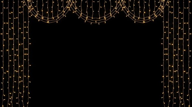 Decorative golden string light curtain on black background with decoration background christmas