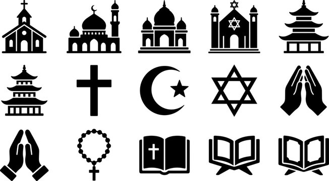 Set of Various Religious Symbols and Places of Worship Icons.