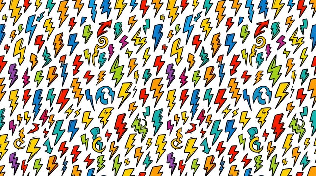Vibrant cartoon lightning bolts in a hand drawn seamless pattern