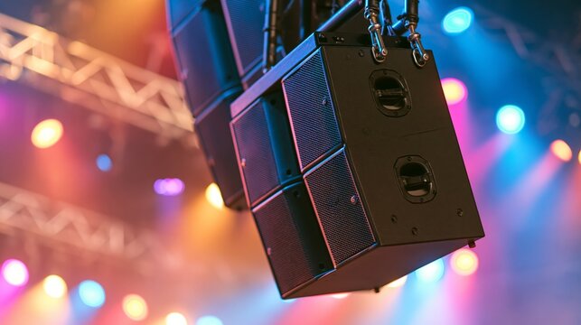 Line array speaker cabinet with rigging pins in sharp focus and a blurred concert venue behind. Concept of live event audio production.