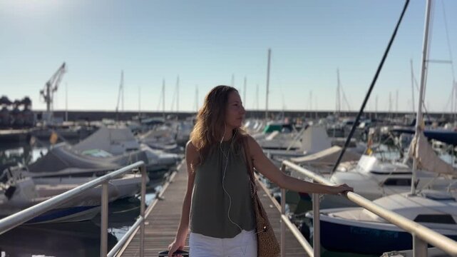 Mujer con maleta caminando por embarcadero de Altea, Alicante