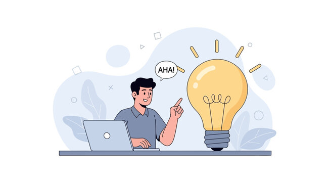 Man has a brilliant idea while working on his laptop, represented by a glowing light bulb.