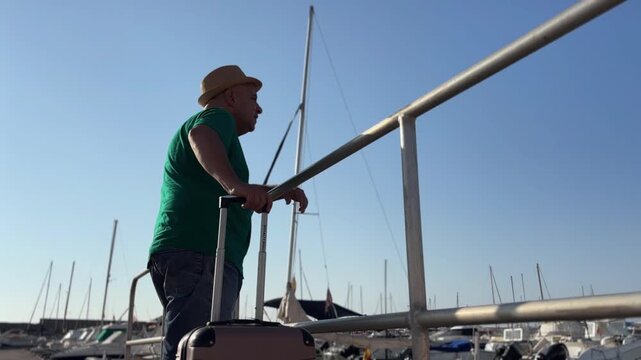 Hombre con maleta contemplando puerto de Altea, Alicante
