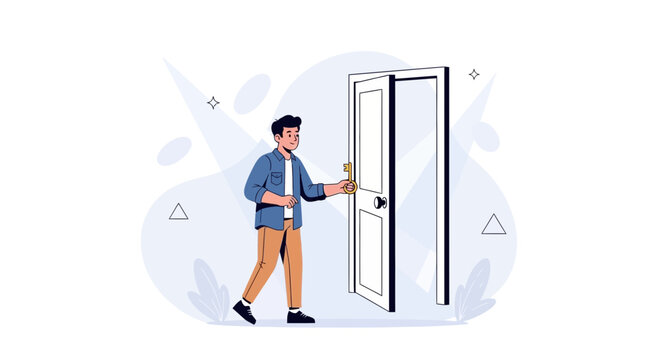 Man Opening a Door with a Key, Concept of Opportunity, New Beginnings, and Access