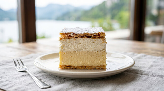 Bled Cream Cake, a famous Slovenian dessert known as kremna rezina or krem&scaron;nita.It consists of thick custard cream and whipped cream sandwiched between two layers of crispy puff pastry.