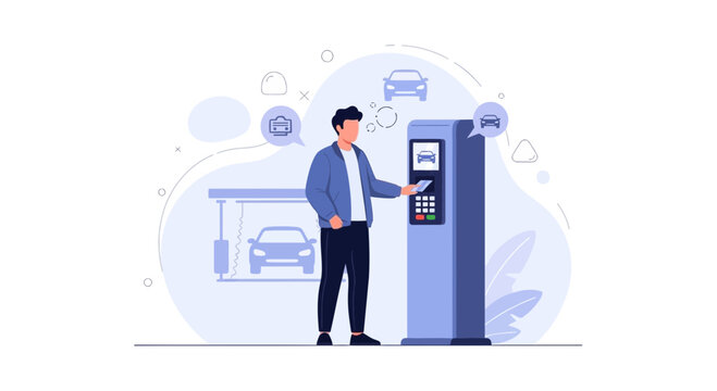 Man Paying at Parking Meter Kiosk with Smartphone, Vector Illustration Concept for Urban Mobility and Smart City