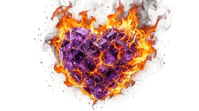 Burning heart shaped amethyst crystal with flames and smoke on a white background shape fire fractured cracked purple violet orange isolated gemstone mineral