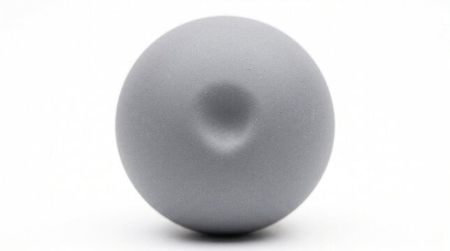 Single matte grey sphere featuring central indentation isolated against a clean minimalist white background with positioned centrally against circular dimple positioned