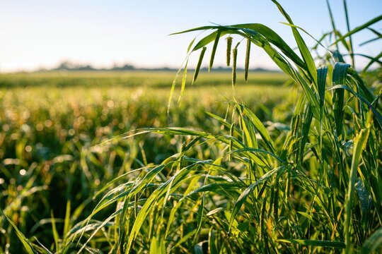 Close-up of Johnson grass blades and seed heads in a wide farmland scene