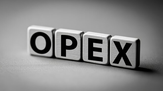 Close-up of letter tiles forming the word OPEX on a gray background