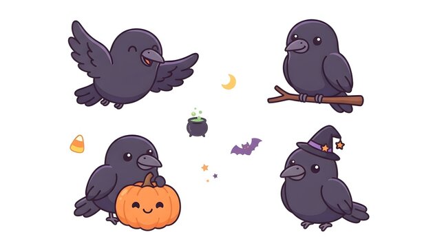 Cute raven sticker set Halloween