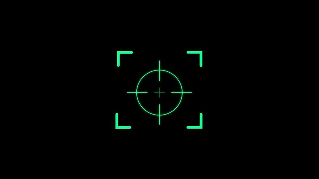Green digital camera focus reticle overlay with a central crosshair and corner brackets isolated on a black background for editing purposes