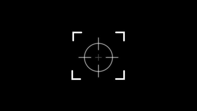 White digital crosshair reticle with corner brackets centered on a solid black background for tactical gaming or camera viewfinder interface overlays