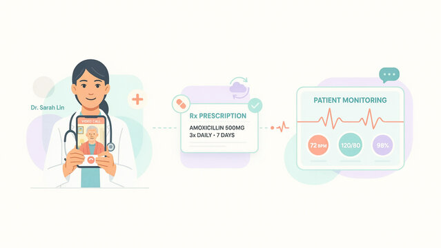 Doctor using digital tablet prescribing medication and monitoring patient health metrics remotely through telemedicine system