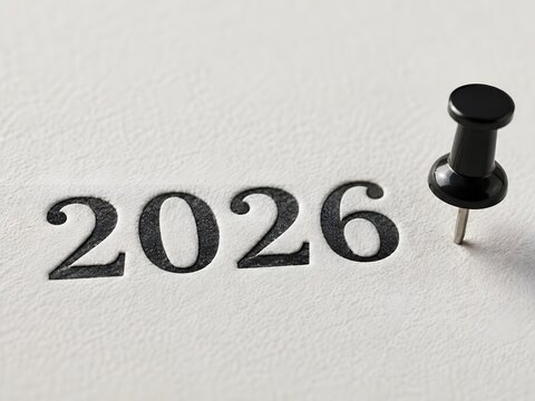 Black twenty twenty six year stamp on white textured paper with office push pin.