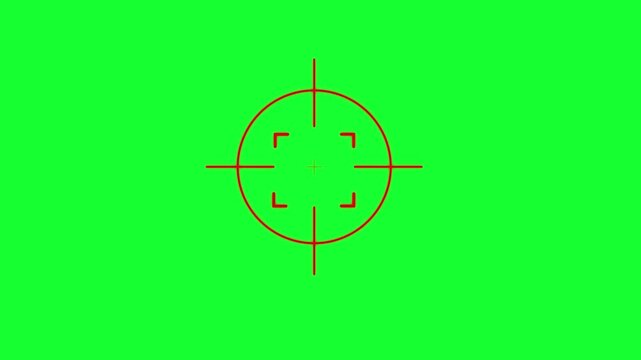 Bright red digital crosshair reticle with inner square brackets centered on a solid green screen background for chroma key editing overlays