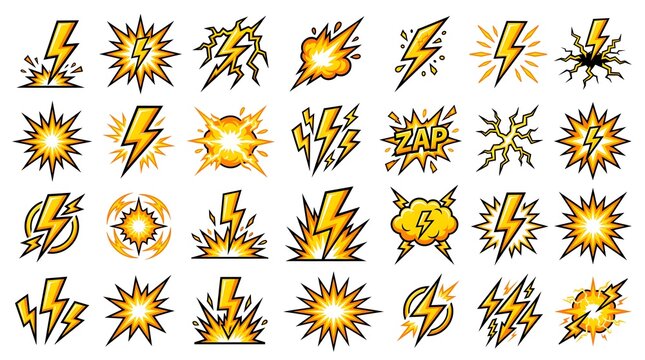 Cartoon lightning bolts and electric flash symbols collection