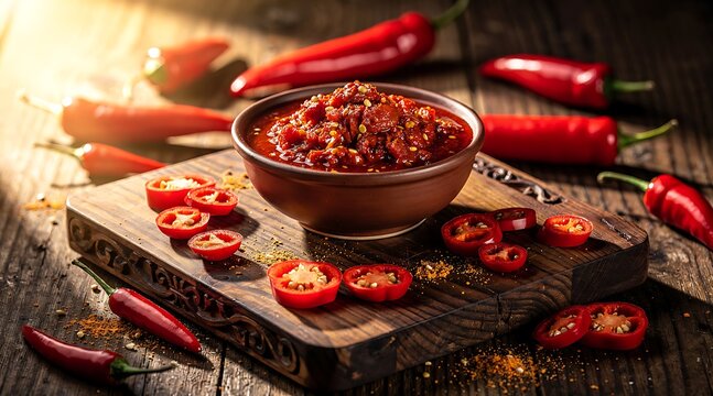 Bowl of Spicy Chili Paste Surrounded by Fresh Red Peppers and Tomatoes on a Wooden Board.
