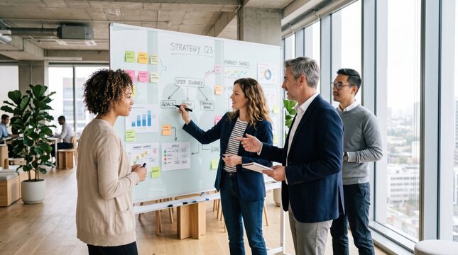 Diverse business team collaborating around whiteboard with strategy Q3 plan, user journey map, sticky notes, charts, modern open-plan office, large windows city view