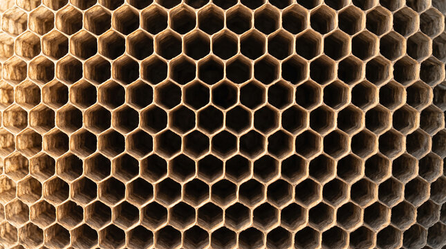 Paper wasp nest interior cells. Hexagonal honeycomb pattern of a wild insect hive.