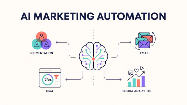 Illustration showing artificial intelligence driven marketing automation with segmentation email CRM and social analytics