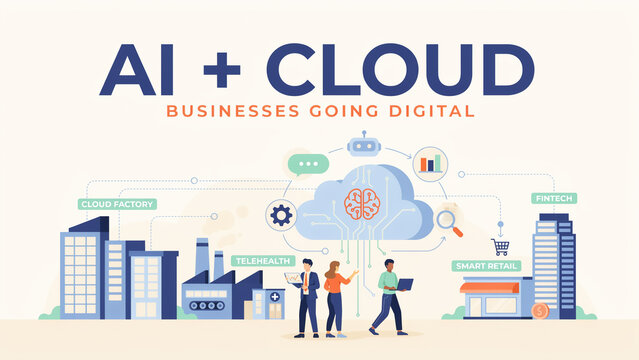 Illustration showing businesses integrating artificial intelligence and cloud technology for digital transformation across various industries