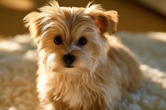 Close-up portrait of a fluffy Morkie puppy with bright eyes on a sunlit rug