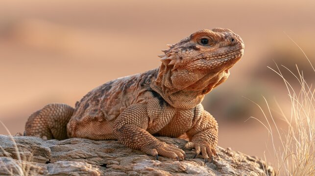 Close-up portrait of a four-year-old arid-dwelling lizard with textured scales on desert rock