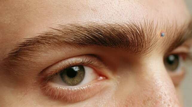 Close-up portrait of a unibrow on a calm face with natural skin texture and soft lighting