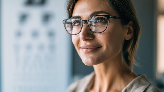 Close-up portrait of a young woman wearing eyeglasses with an eye chart in the background
