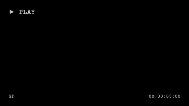 Retro VHS camcorder recording screen animation with blinking play text and timecode on a black background