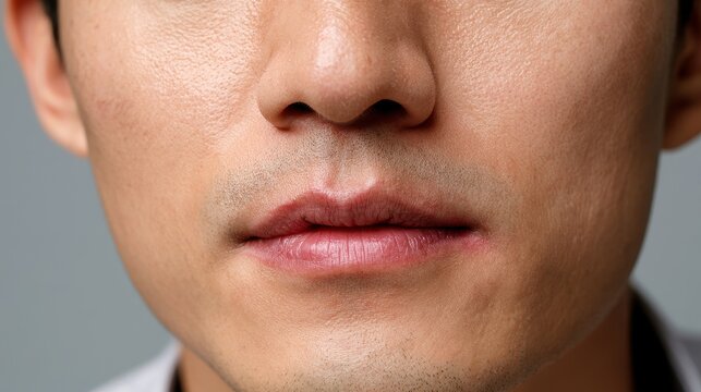 Close-up portrait of an Asian man with angular cheilitis at the mouth corners