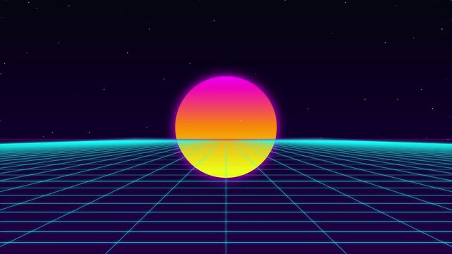retro 80s synthwave animation with a glowing neon sun and moving cyan wireframe grid on a starry night background