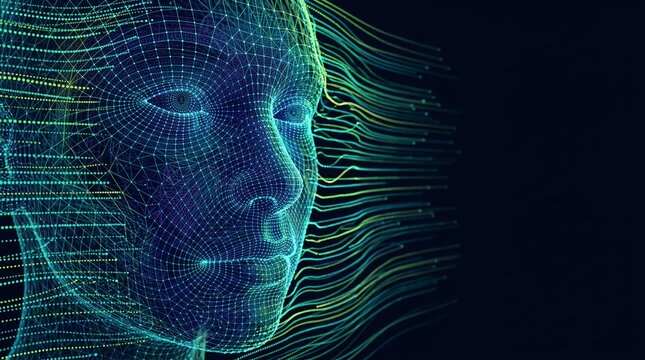 Digital human face made of data particles. AI concept showing machine learning and neural network.