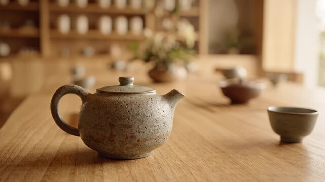 Serene Japanese-style tea room with handmade ceramic teapot and minimalist wooden furniture, natural light streaming through large windows