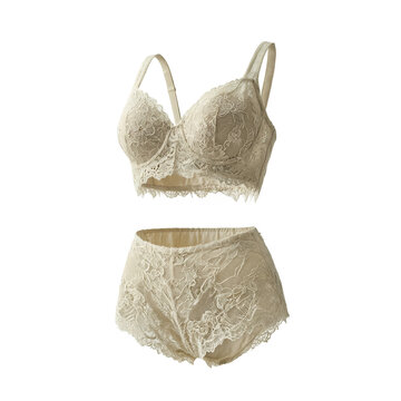 Ivory lace lingerie set featuring a balconette bra and high waist briefs isolated on a transparent background for fashion retail