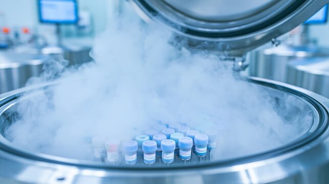 Cryogenic storage tank with cold vapor and sample canisters in sharp focus and a blurred biobank behind. Concept of biobank sample storage.