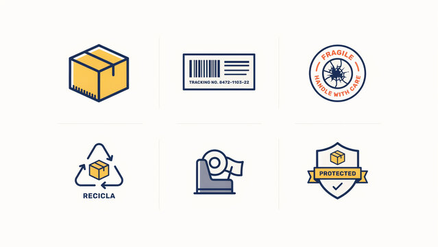 Set of six shipping and package handling icons with labels for tracking fragile recyclable and protected items