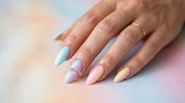 Closeup of pastel acrylic manicure with one sharply broken nail revealing common beauty damage and breakage