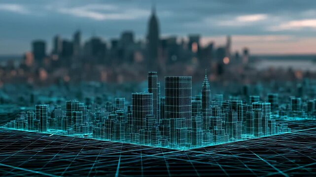 City Skyline Overlaid with Glowing Cyan Digital Grid