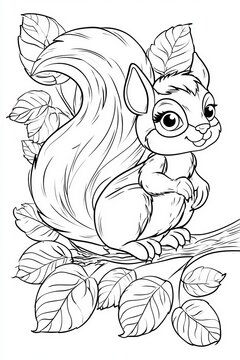 A cute squirrel sits on a branch surrounded by green leaves while looking cheerful and playful in a simple drawing